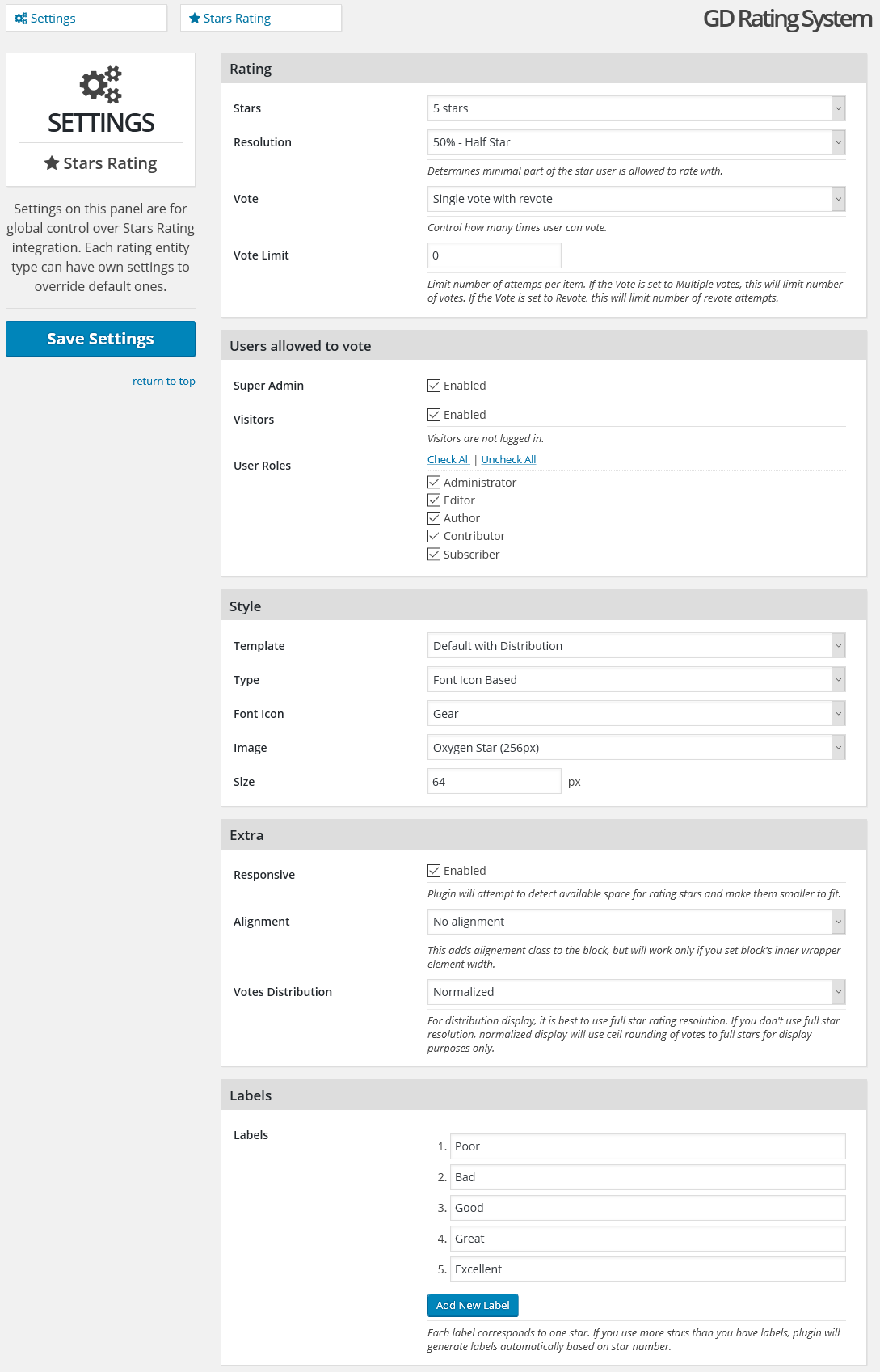 Stars rating method settings