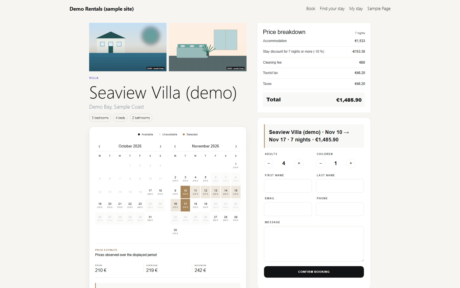 Accommodation page on the front end: photo gallery, availability calendar with nightly prices, price breakdown and booking form.