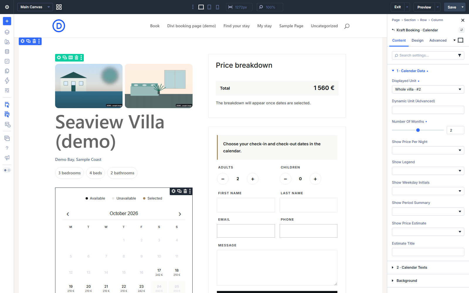 Divi 5 Visual Builder: native Kraft Booking modules with their settings panel.