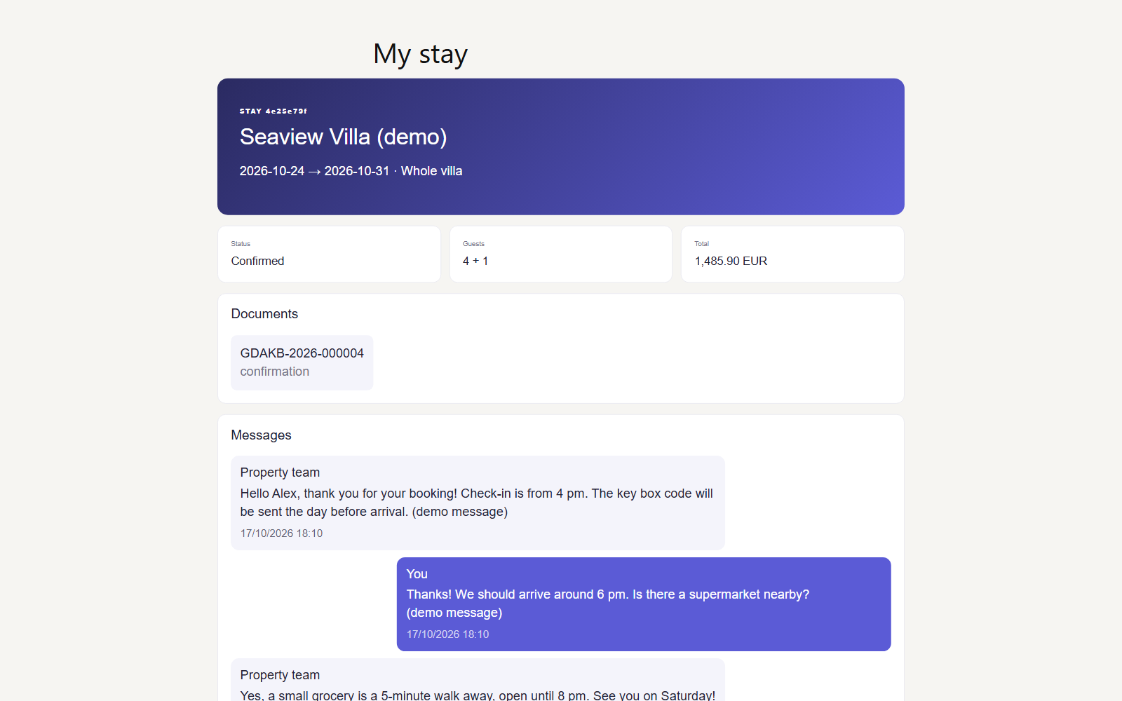 Guest portal: stay details, status, documents and messages with the host.