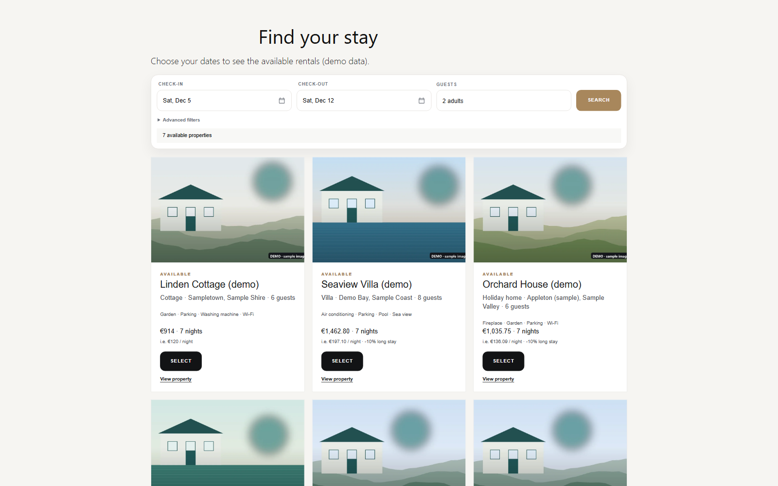 Search form (dates and guests) and the results with the available accommodations and their total price.