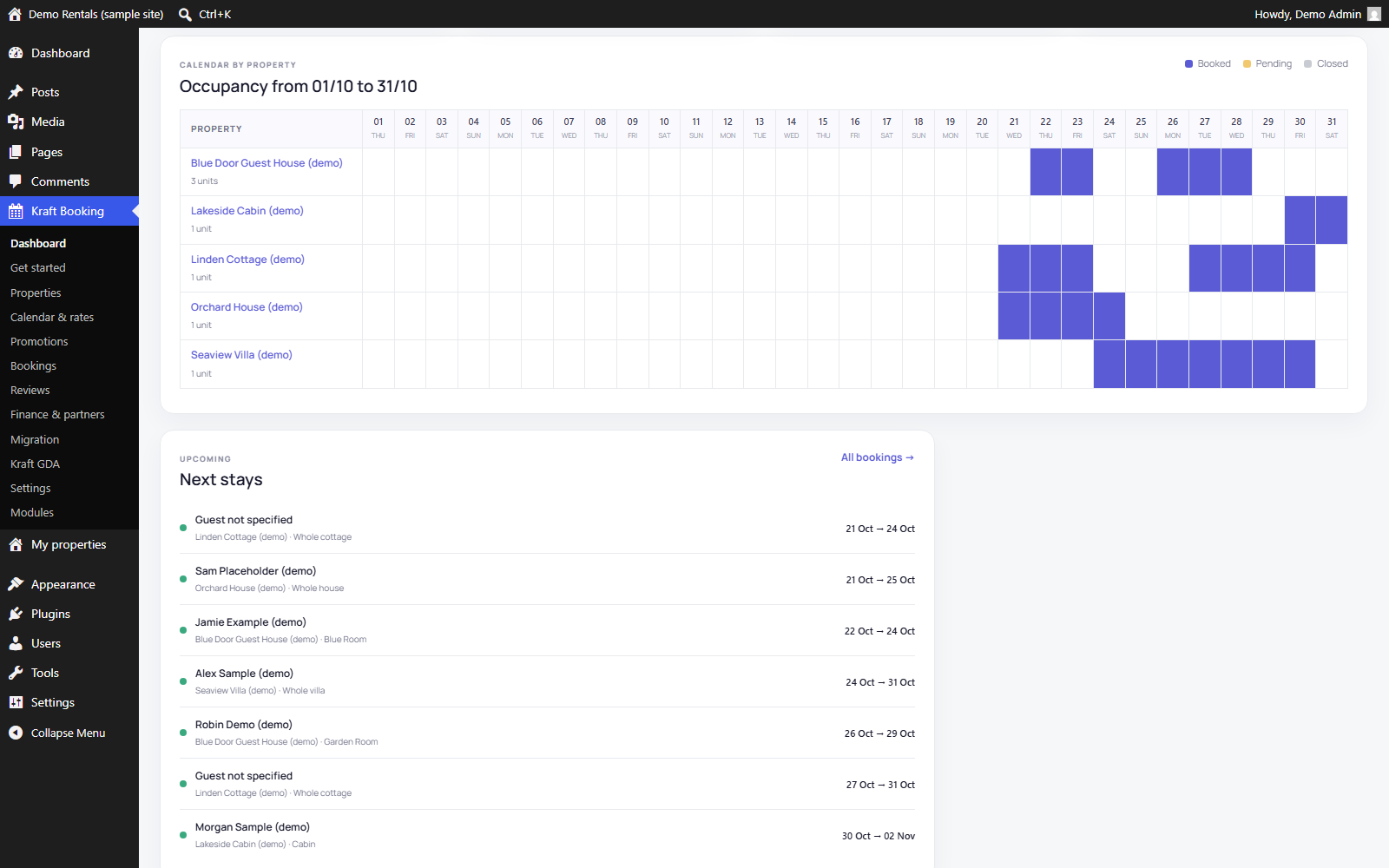 Occupancy planning in the admin: every property on one screen, with the upcoming stays.
