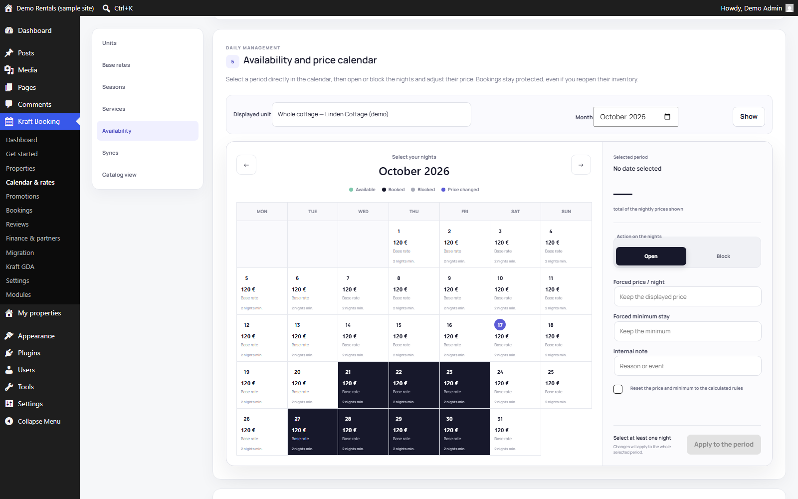 Availability and price calendar of a unit: open or block nights and adjust their price.