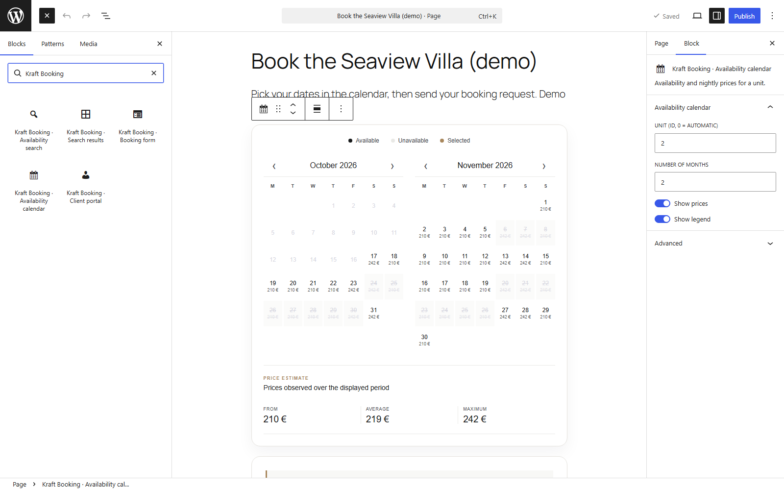 Block editor: the Kraft Booking blocks in the inserter and the availability calendar block with its settings.