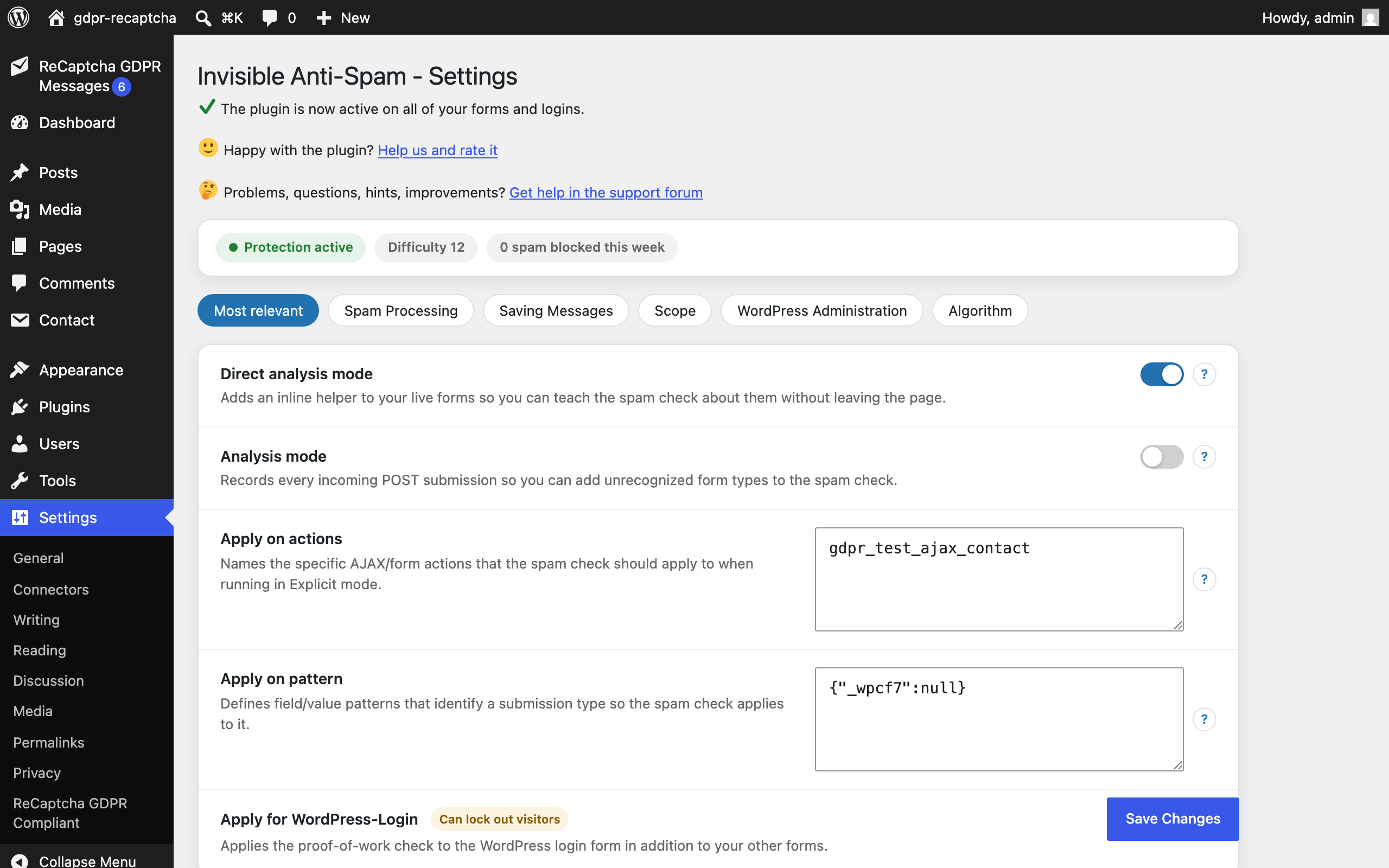Settings at a glance: protection status strip, topic tabs and short explanations with built-in help for every option