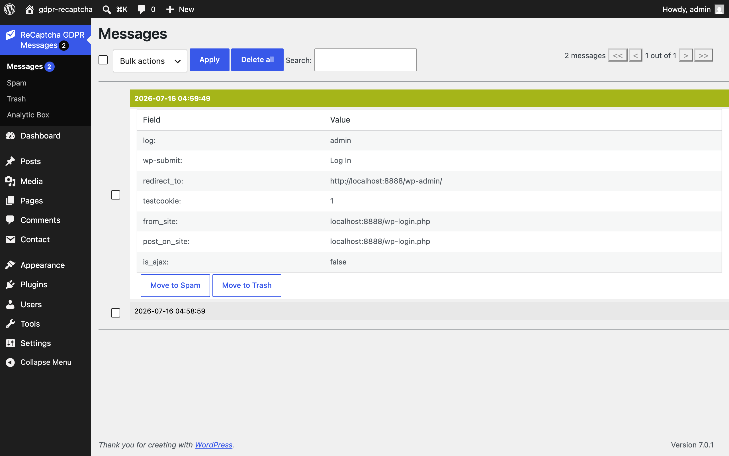 The message inbox: real submissions and spam side by side — open any message to see exactly which fields were submitted