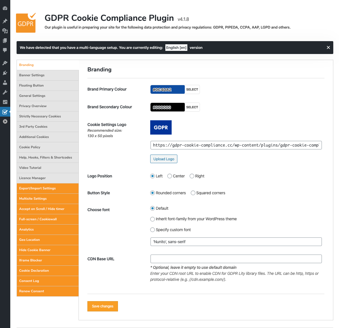GDPR Cookie Compliance - Admin - Language Notice