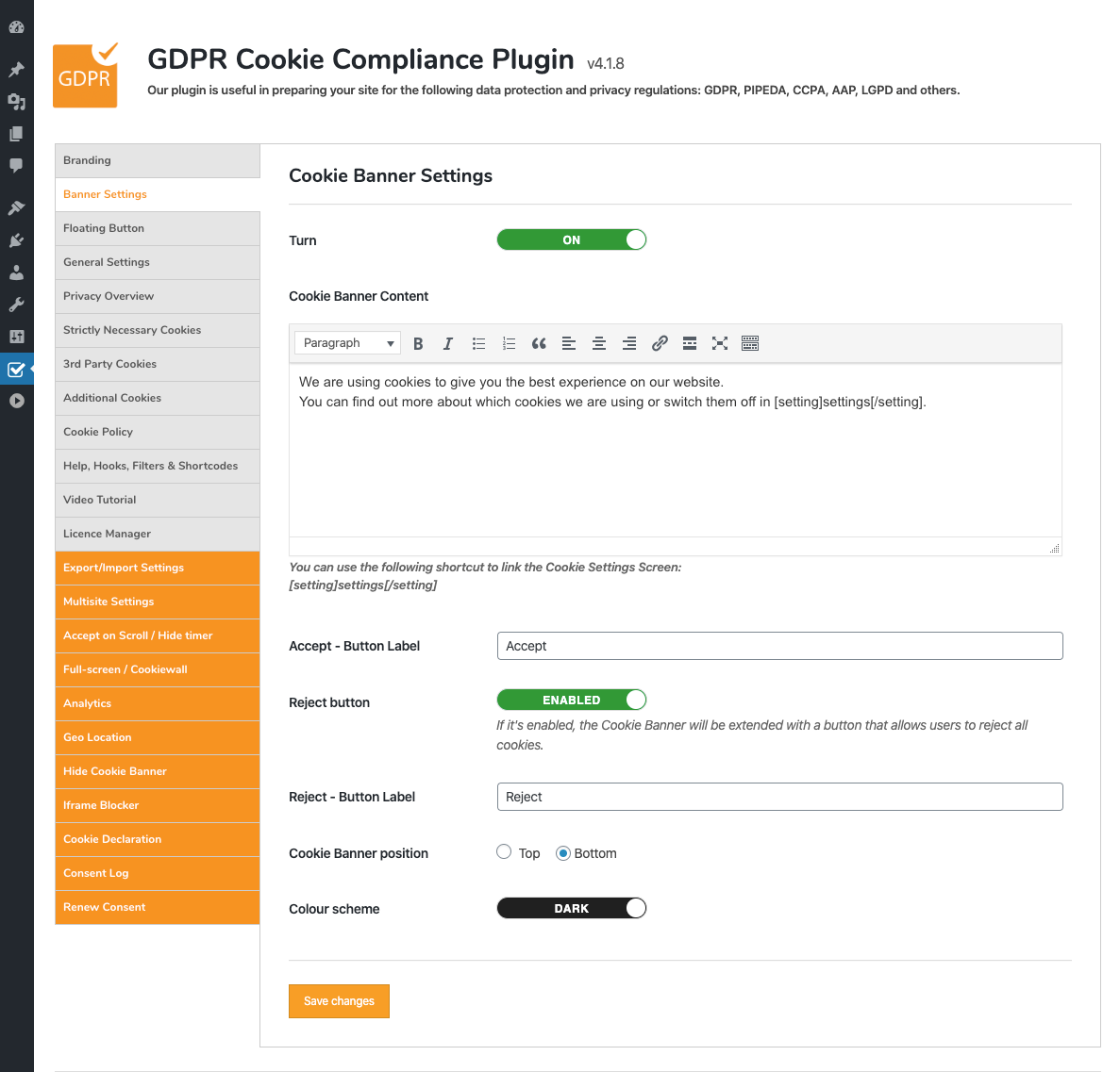 GDPR Cookie Compliance - Admin - Cookie Notice Banner Settings