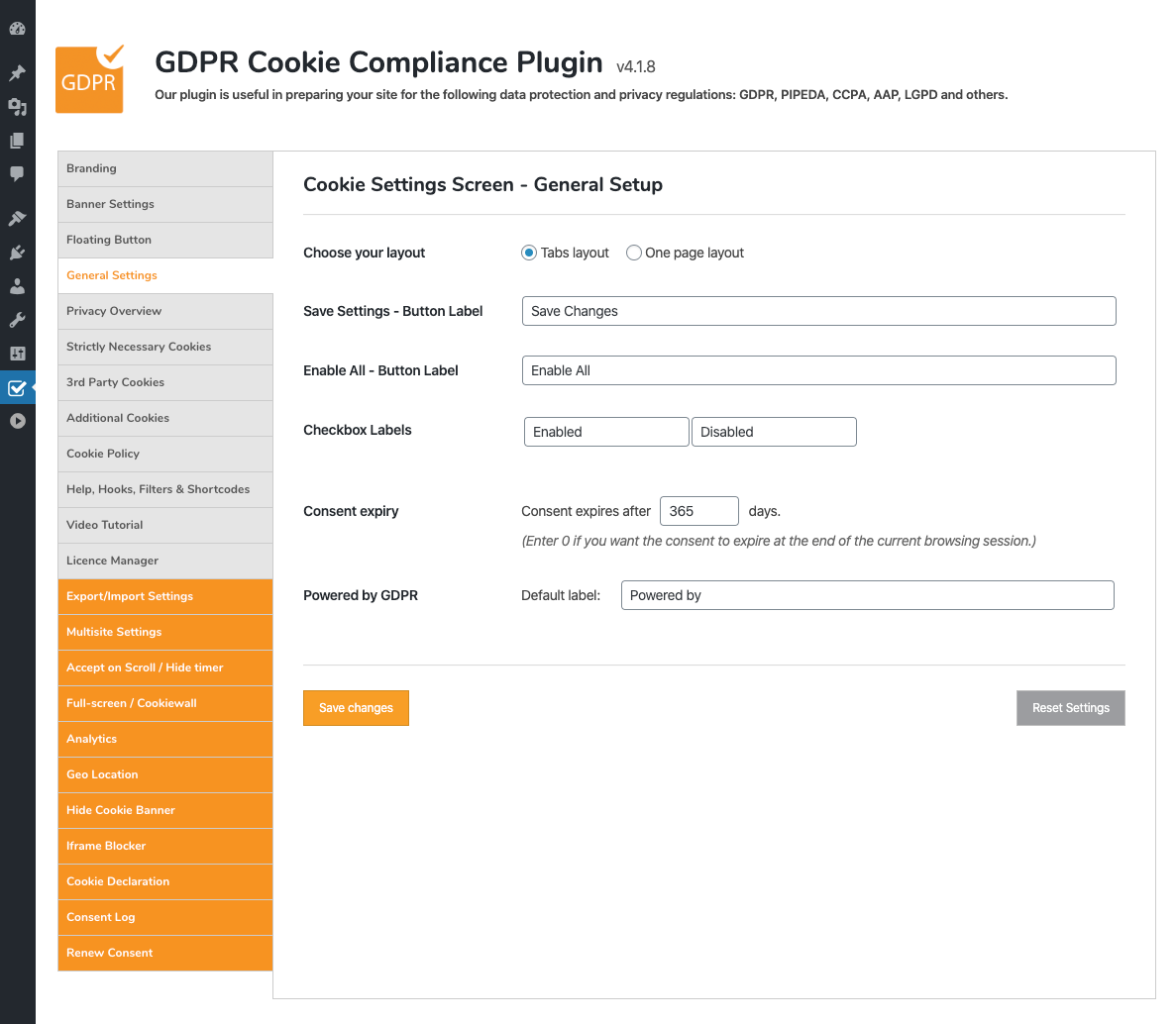 GDPR Cookie Compliance - Admin - General Settings