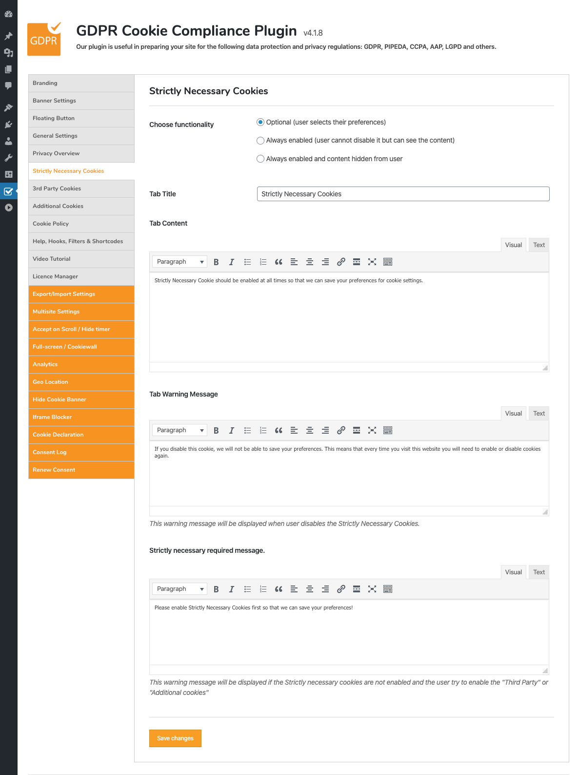 GDPR Cookie Compliance - Admin - Strictly Necessary Cookies