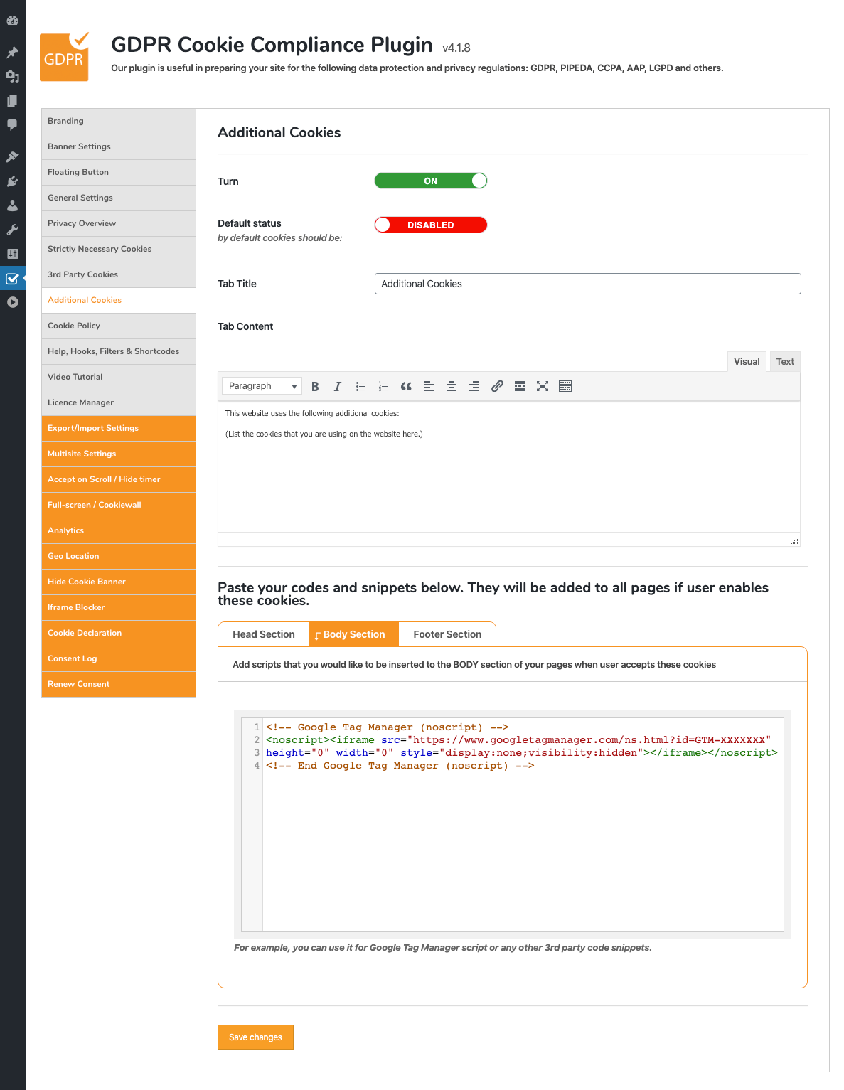 GDPR Cookie Compliance - Admin - Additional Cookies (GTM Example Body)