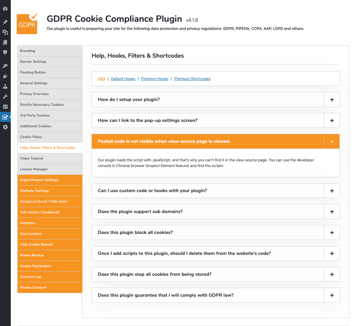 GDPR Cookie Compliance - Admin - Help - FAQ