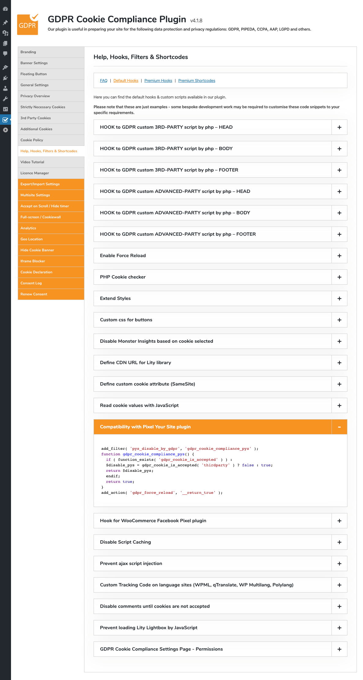 GDPR Cookie Compliance - Admin - Help - Hooks &amp; Filters