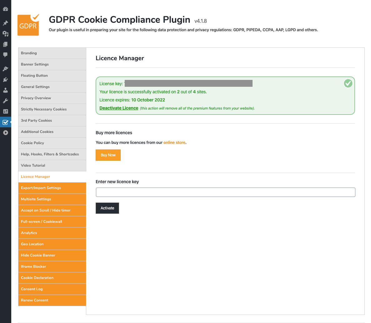 GDPR Cookie Compliance - Admin - Licence Manager