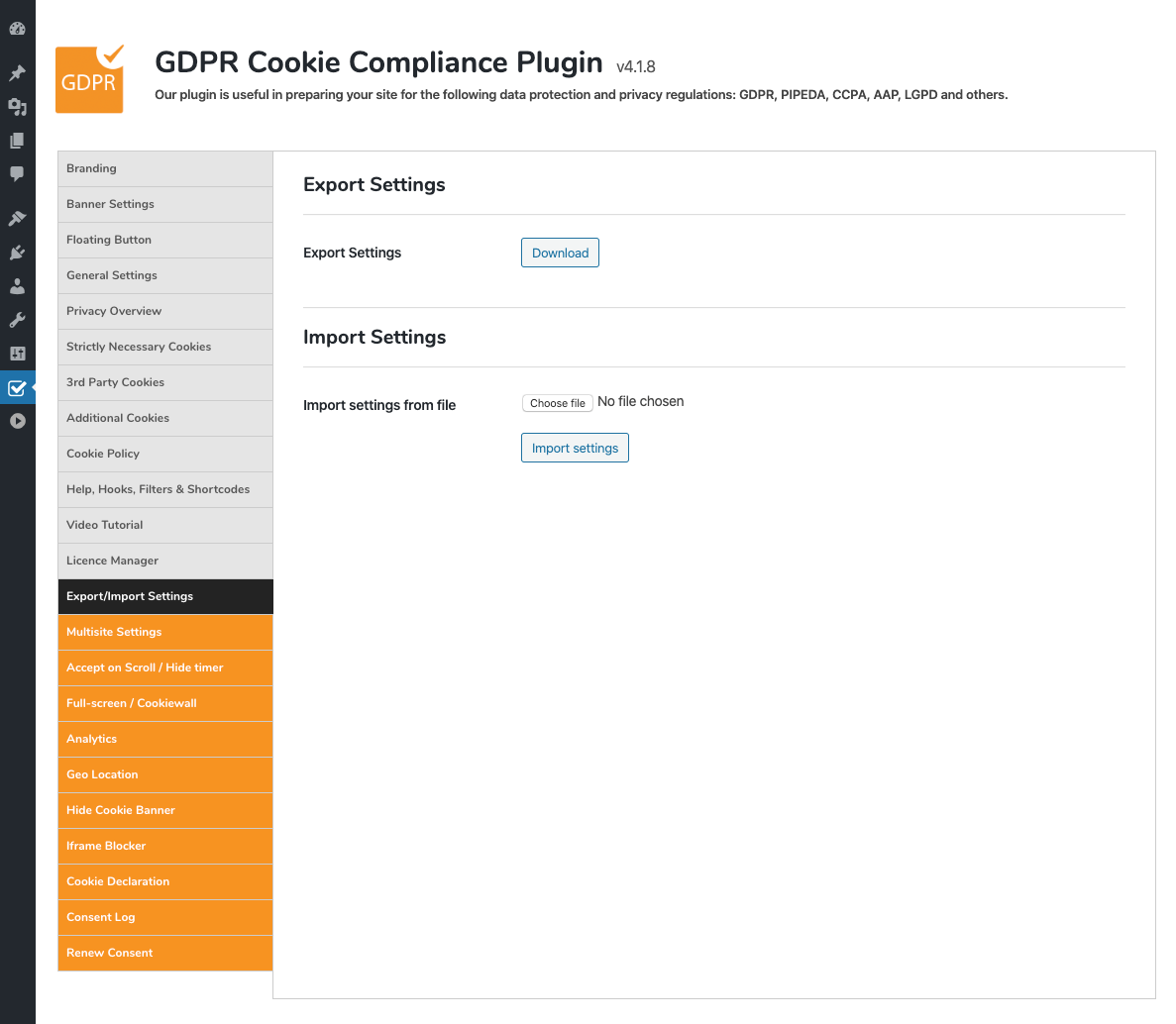 GDPR Cookie Compliance - Admin - Export/Import Settings [Premium]