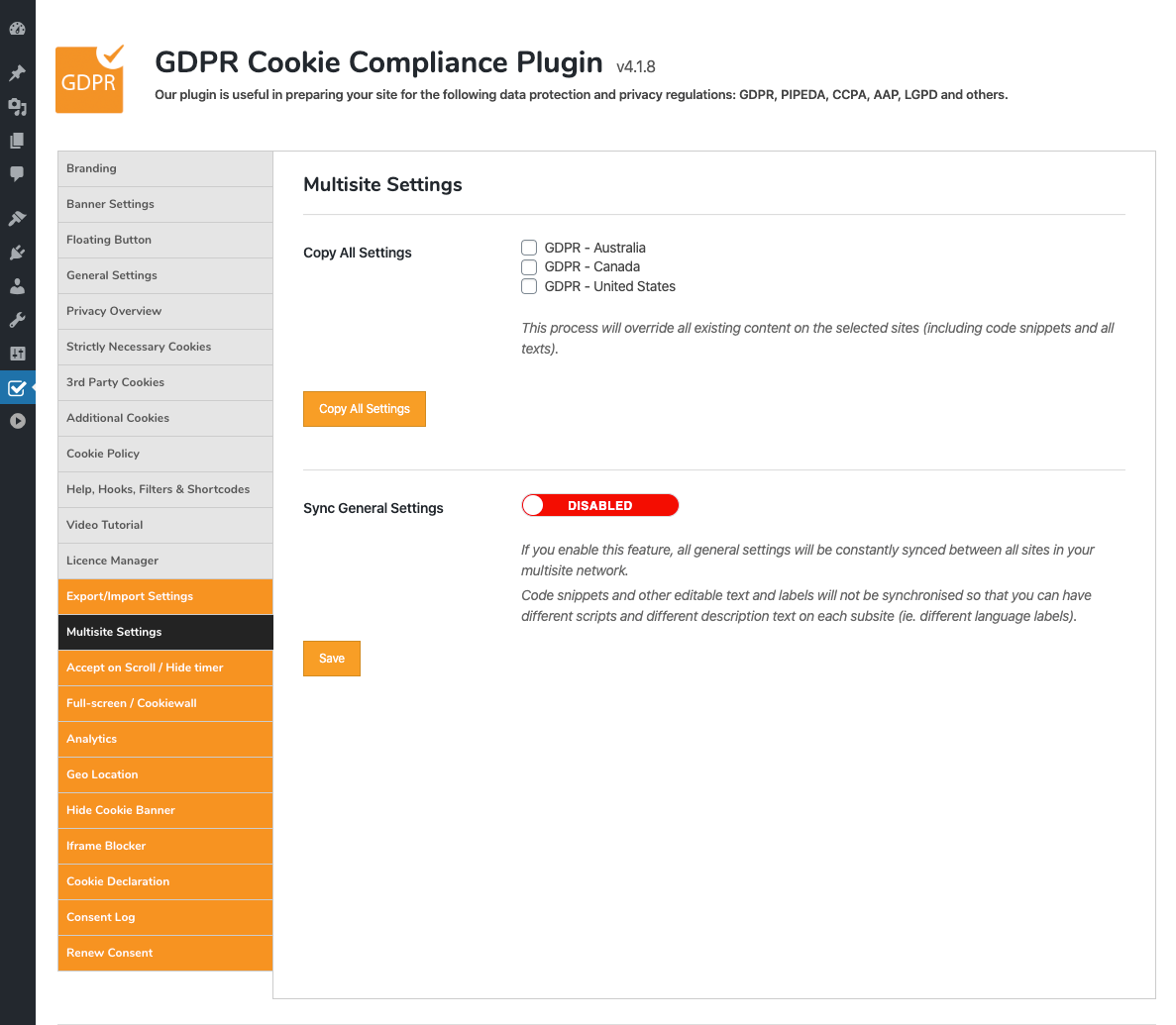 GDPR Cookie Compliance - Admin - Multisite Settings [Premium]