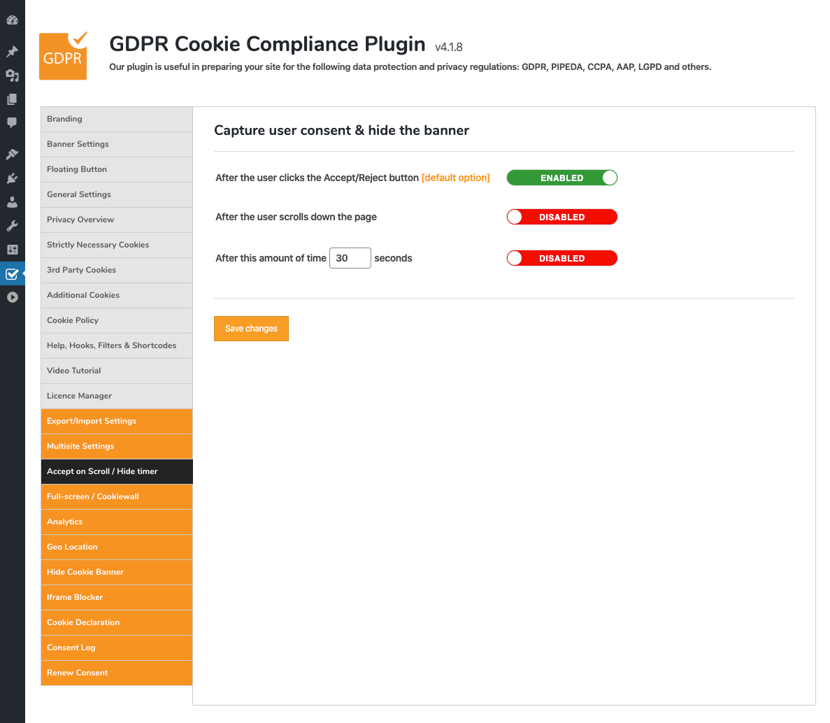 GDPR Cookie Compliance - Admin - Accept on Scroll / Hide timer [Premium]