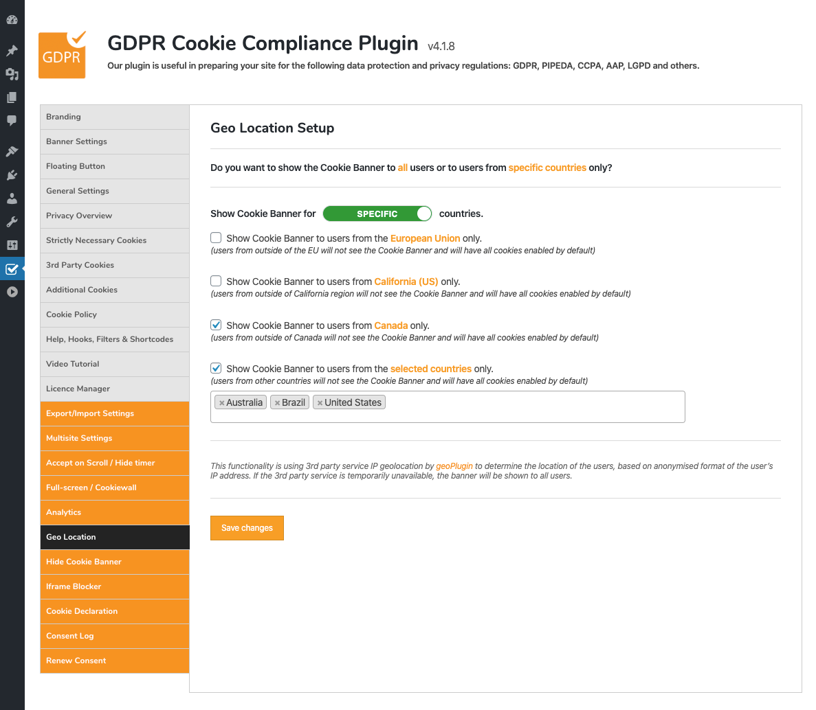 GDPR Cookie Compliance - Admin - Geo Location [Premium]