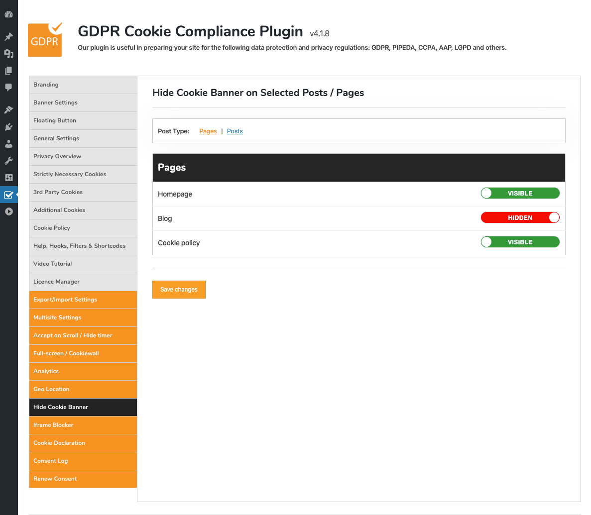 GDPR Cookie Compliance - Admin - Hide Cookie Notice Banner on Selected Posts / Pages [Premium]