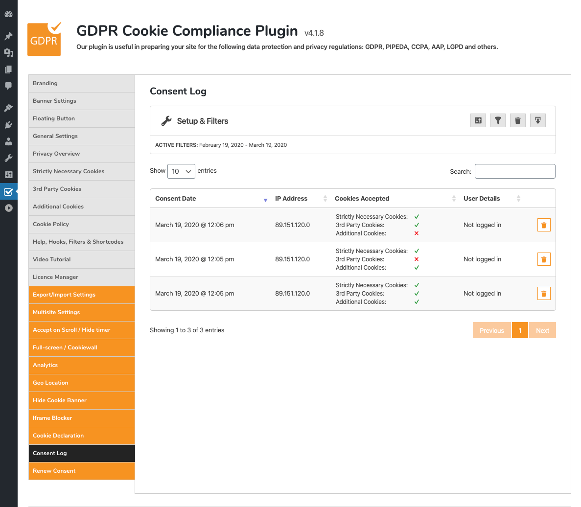 GDPR Cookie Compliance - Admin - Consent Log [Premium]