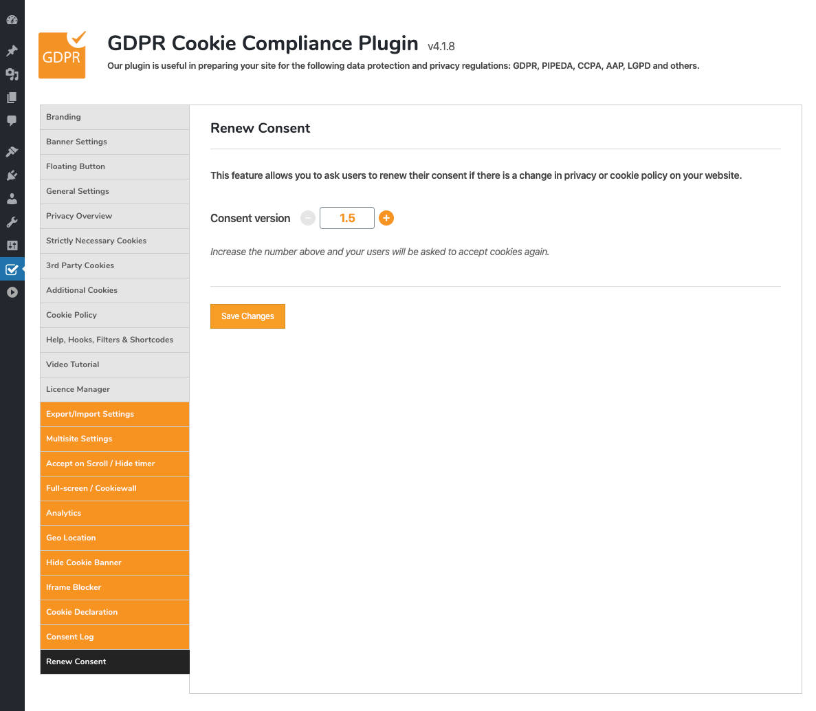 GDPR Cookie Compliance - Admin - Renew Consent [Premium]