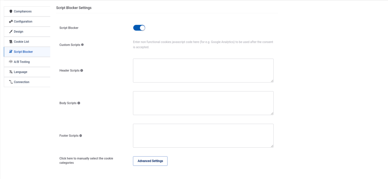 Script Blocker
10.A-B testing
11.Consent Log table