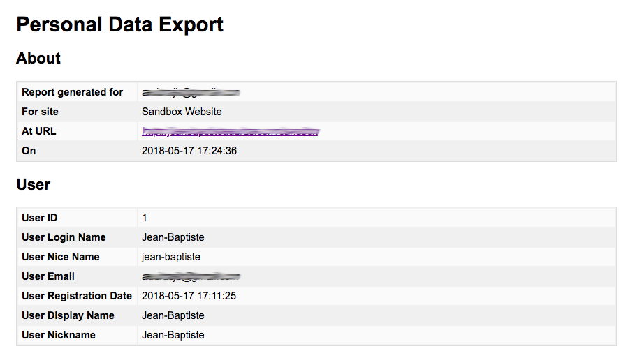 Personal Data Export as received by the user/visitor.