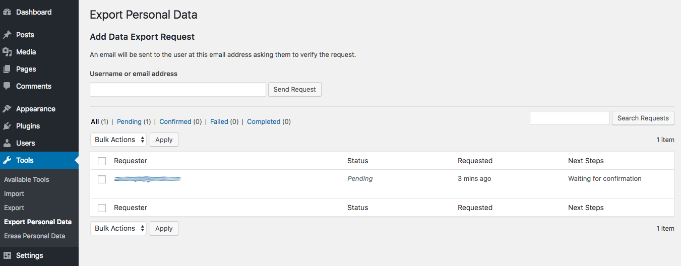 Data requests screen updated in WordPress Admin.