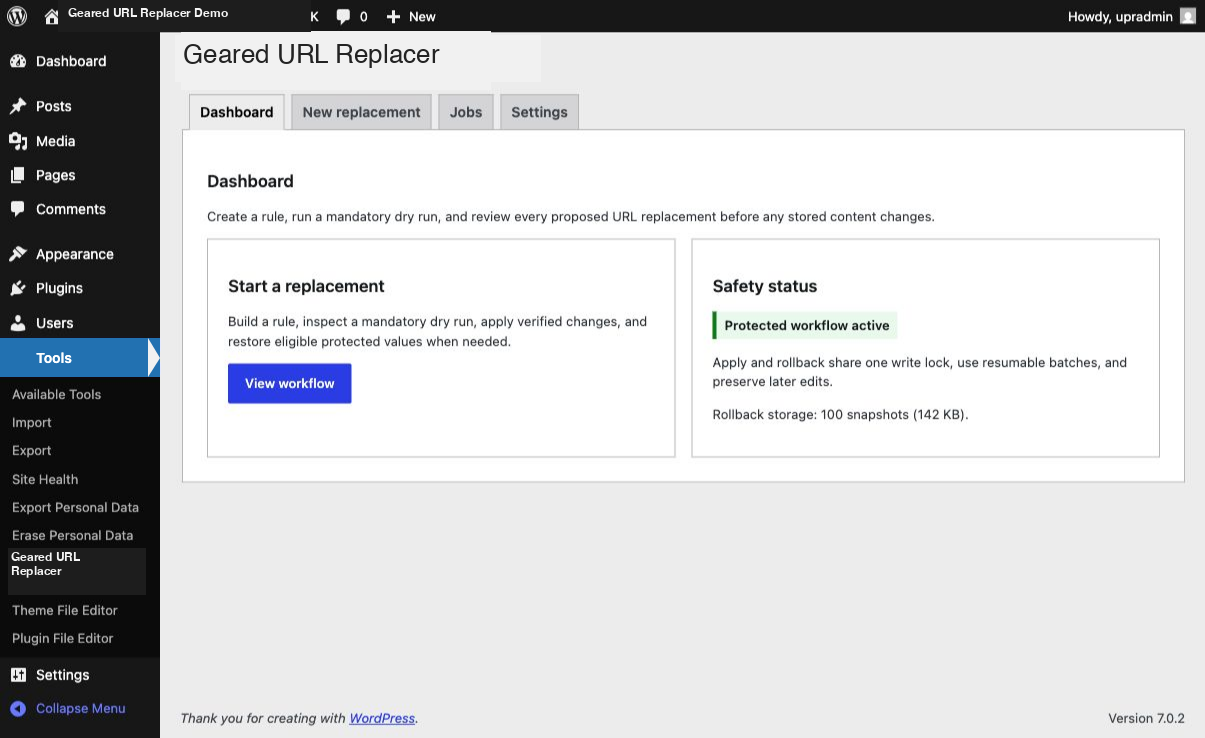The dashboard summarizes the protected workflow and retained rollback storage.
