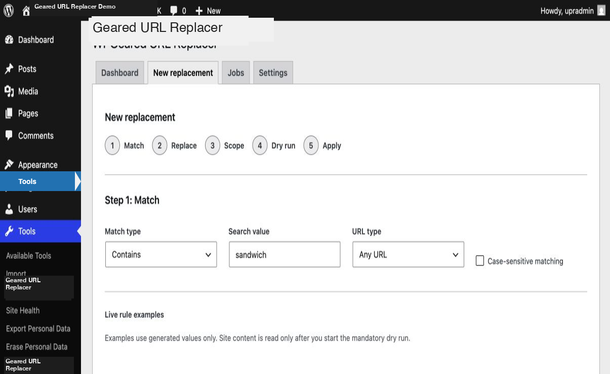 The five-step wizard begins with a complete-URL match rule and generated examples.
