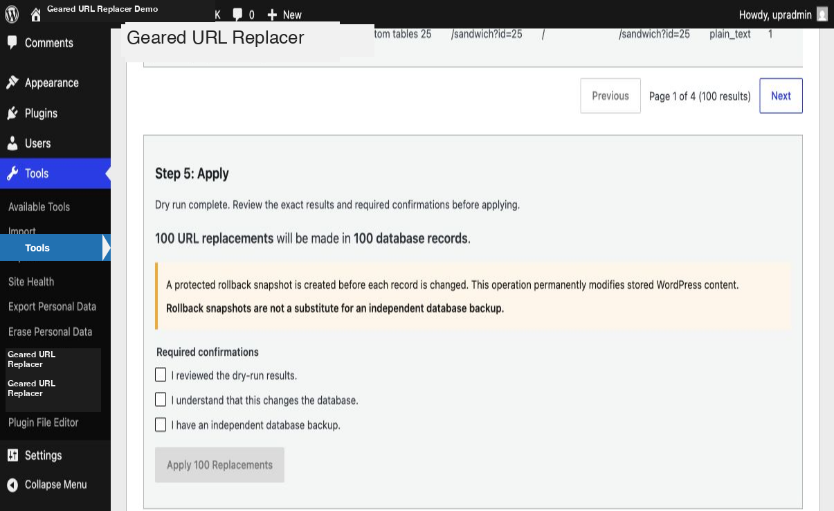 Apply requires review, change, and independent-backup confirmations.