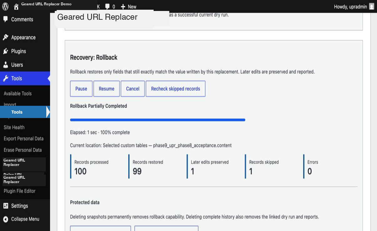 Rollback restores only eligible values while preserving later edits.