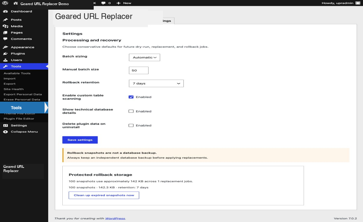 Settings control rollback retention, cleanup, and optional destructive uninstall.