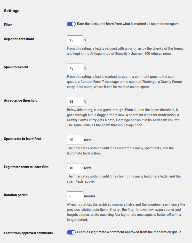 The thresholds of the filter: refused, marked as spam, flagged for review, the texts it needs before it rates anything, and the rotation period.