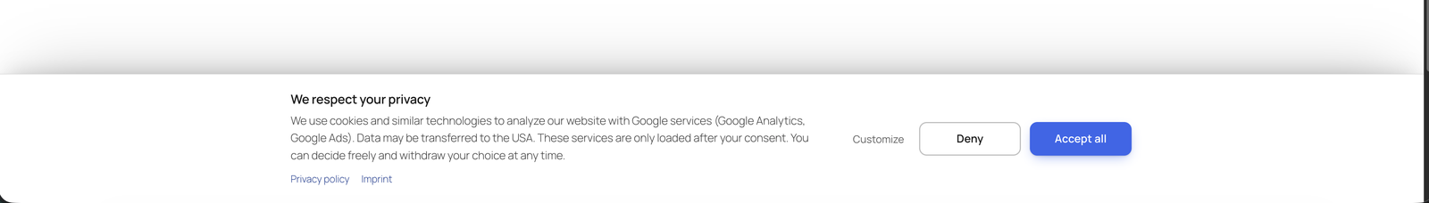 The consent banner as a bottom bar, with the privacy policy and imprint links.