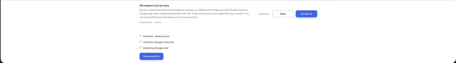 The details panel: statistics and marketing can be granted separately, essential is always on.