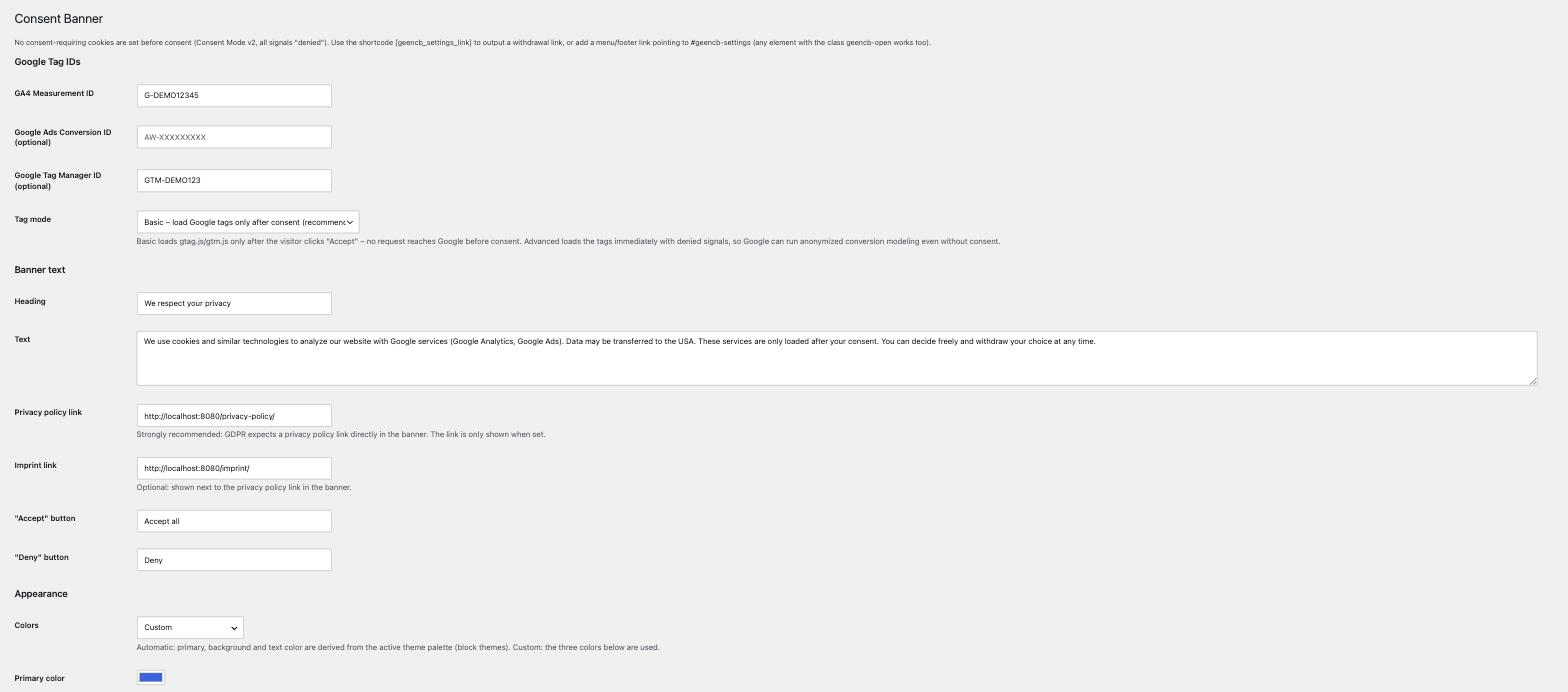 Settings: Google tag IDs, the Basic/Advanced tag mode and the banner texts.