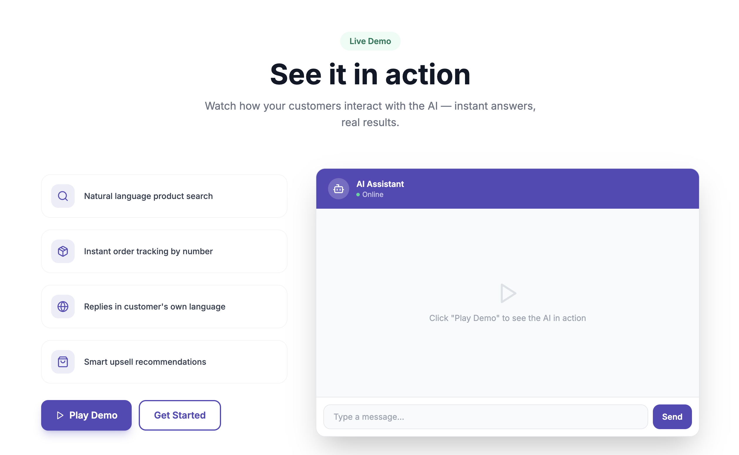 Live demo of the AI chat assistant answering a product question