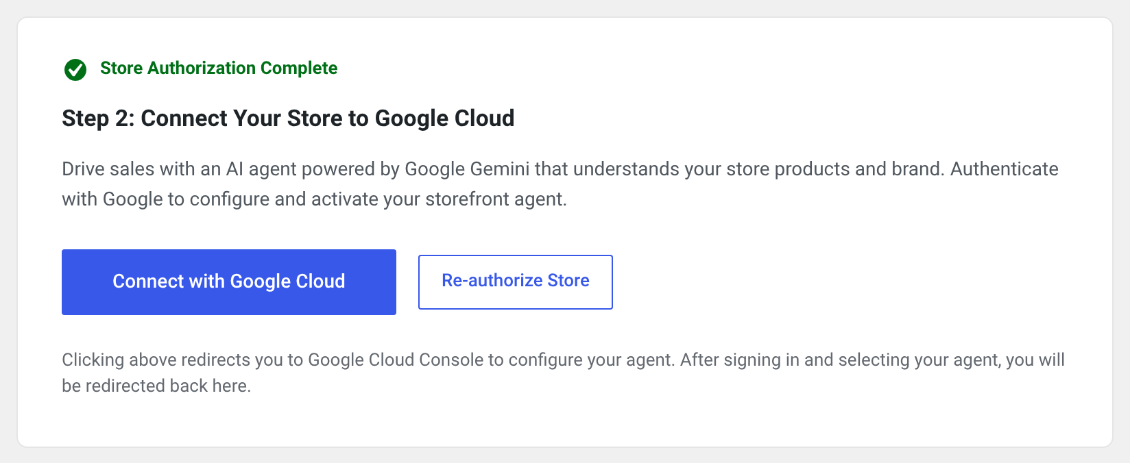 Step 2: Connect your store to Google Cloud and link your agent.