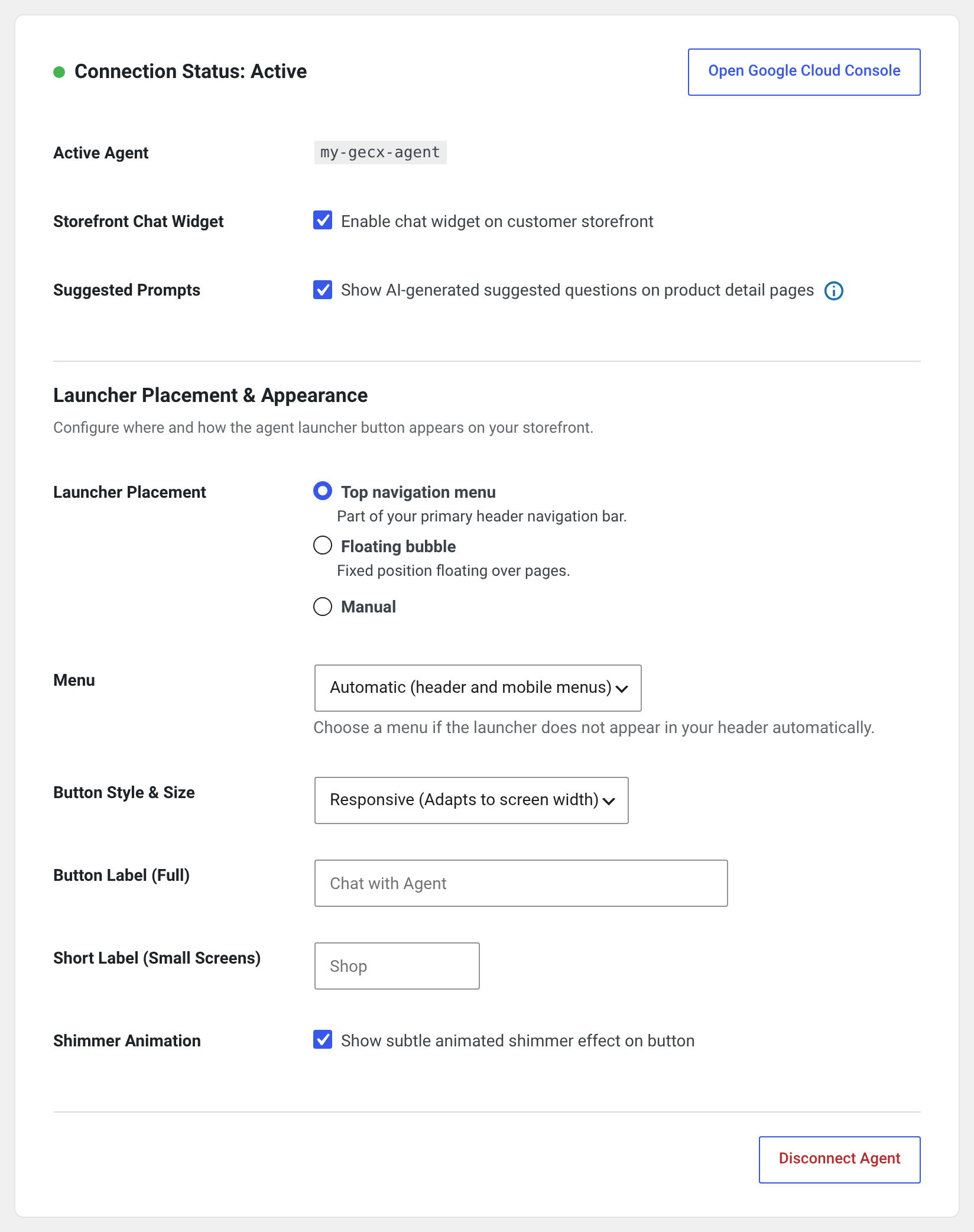Manage agent connection status, storefront launcher placement, button style, and suggested prompts.