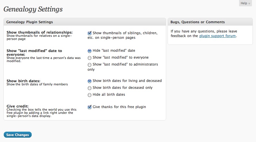 The Genealogy plugin settings page