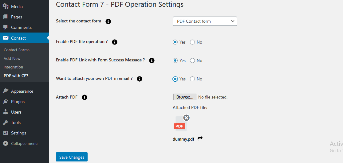 Screenshot 'screenshot-1.png' Shows PDF settings of upload PDF in the Contact form.