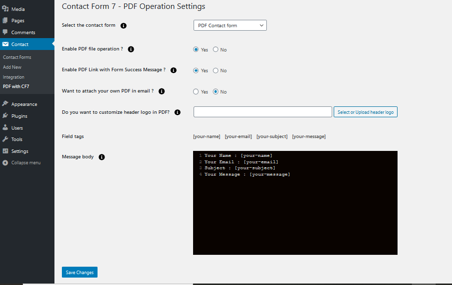 Screenshot 'screenshot-2.png' PDF settings of Customize PDF in the Contact form.