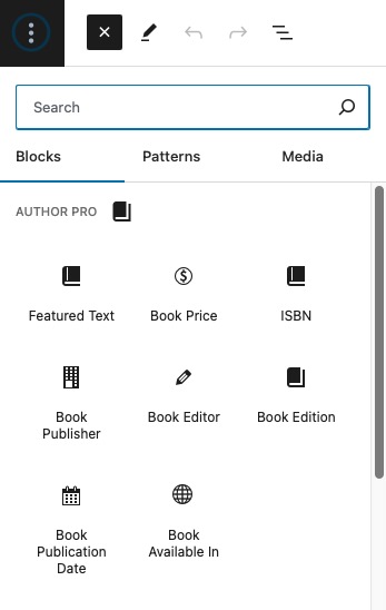 Blocks to display Book fields under Author Pro category.