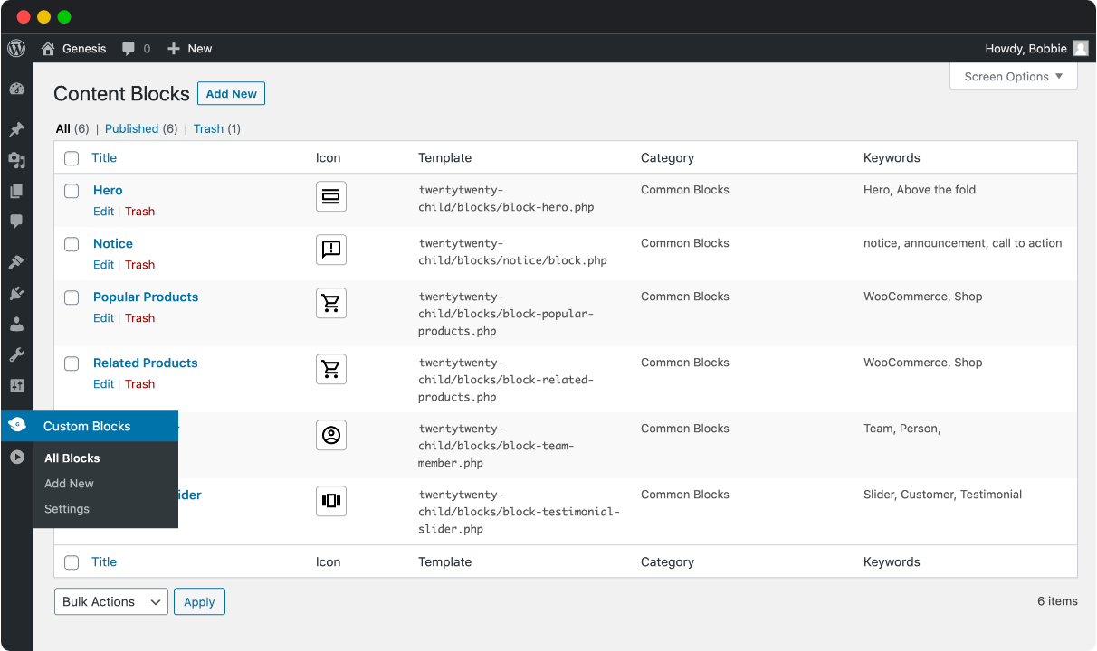 See all of your blocks from Genesis Custom Blocks.