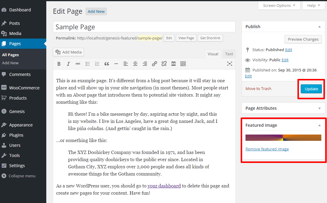 Add a featured image to your page, and save or update your changes.