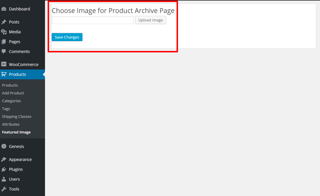 For custom post type archive pages, find the "Featured Image" link in the archive's menu. Use the Upload Image button to upload a new image or to select a previously uploaded image. Click the save changes button to save your settings.