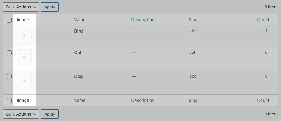 Taxonomy admin screen. A new column (highlighted) is added to show the assigned term image. At the start, the default image is shown.
