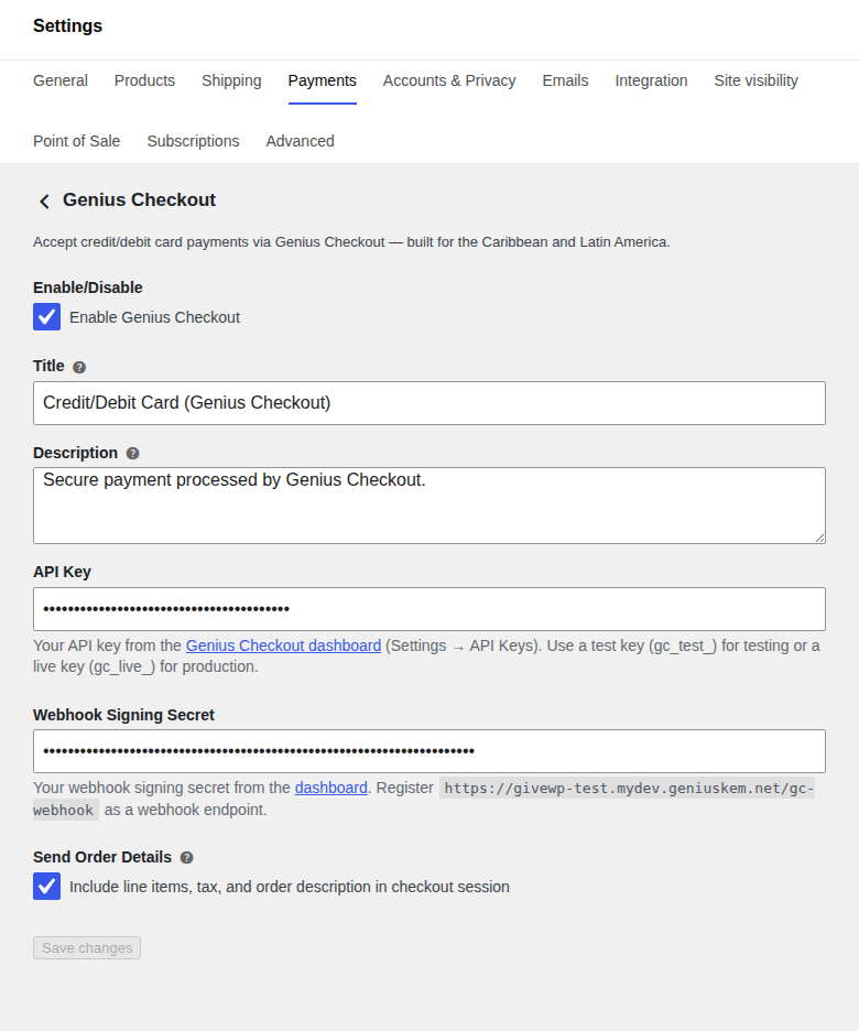 Payment gateway settings page
