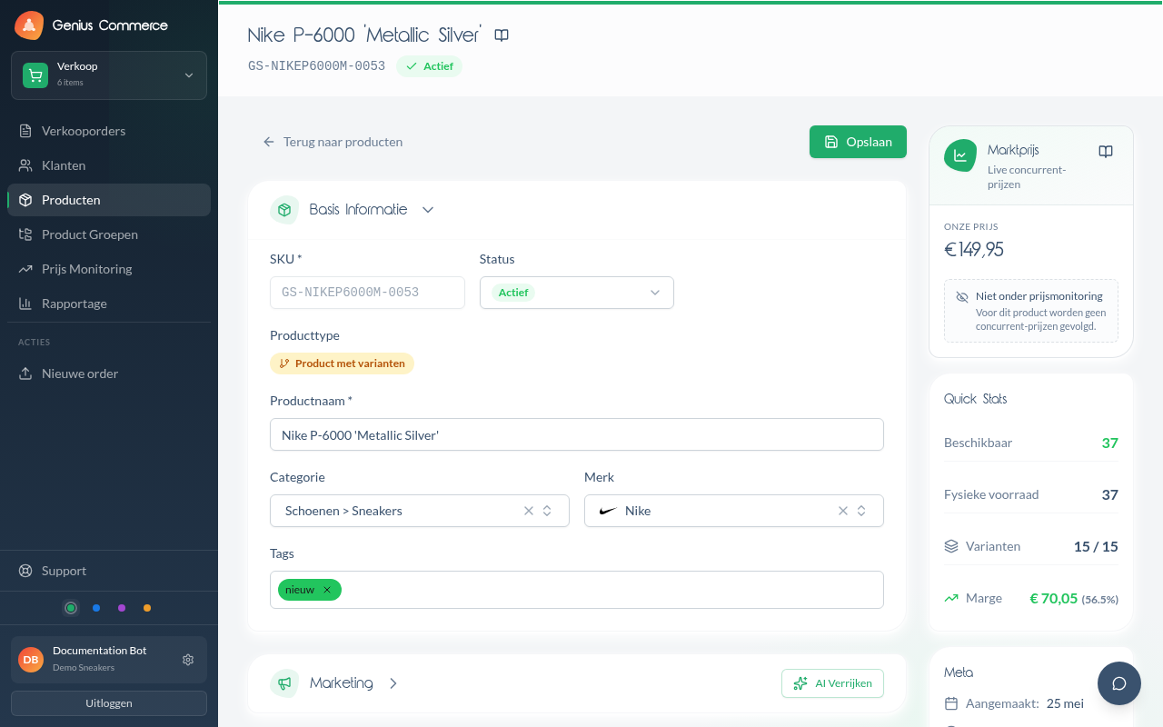 Product detail with live market price and stock overview.